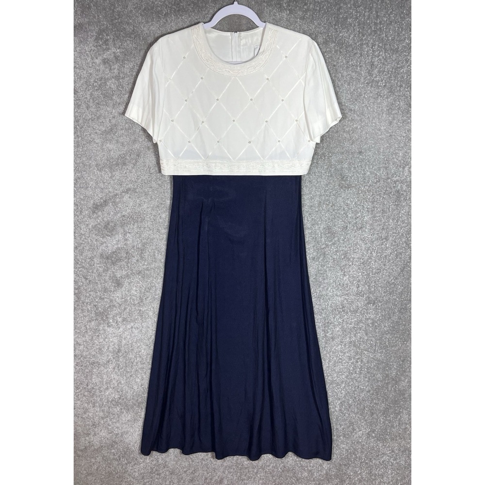 Vintage Jeffrey & Dara Long Dress Womens Sz 8 Off White Blue Y2K Faux Pearl Trim